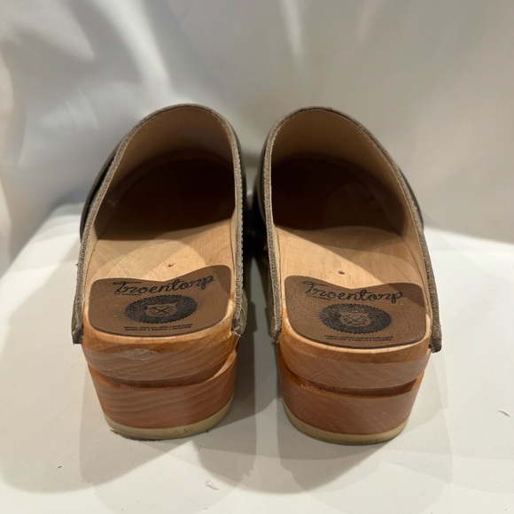 TROENTORP Sz 38 Olive Green Leather Wooden Soles Slip On Clogs - Picture 11 of 12